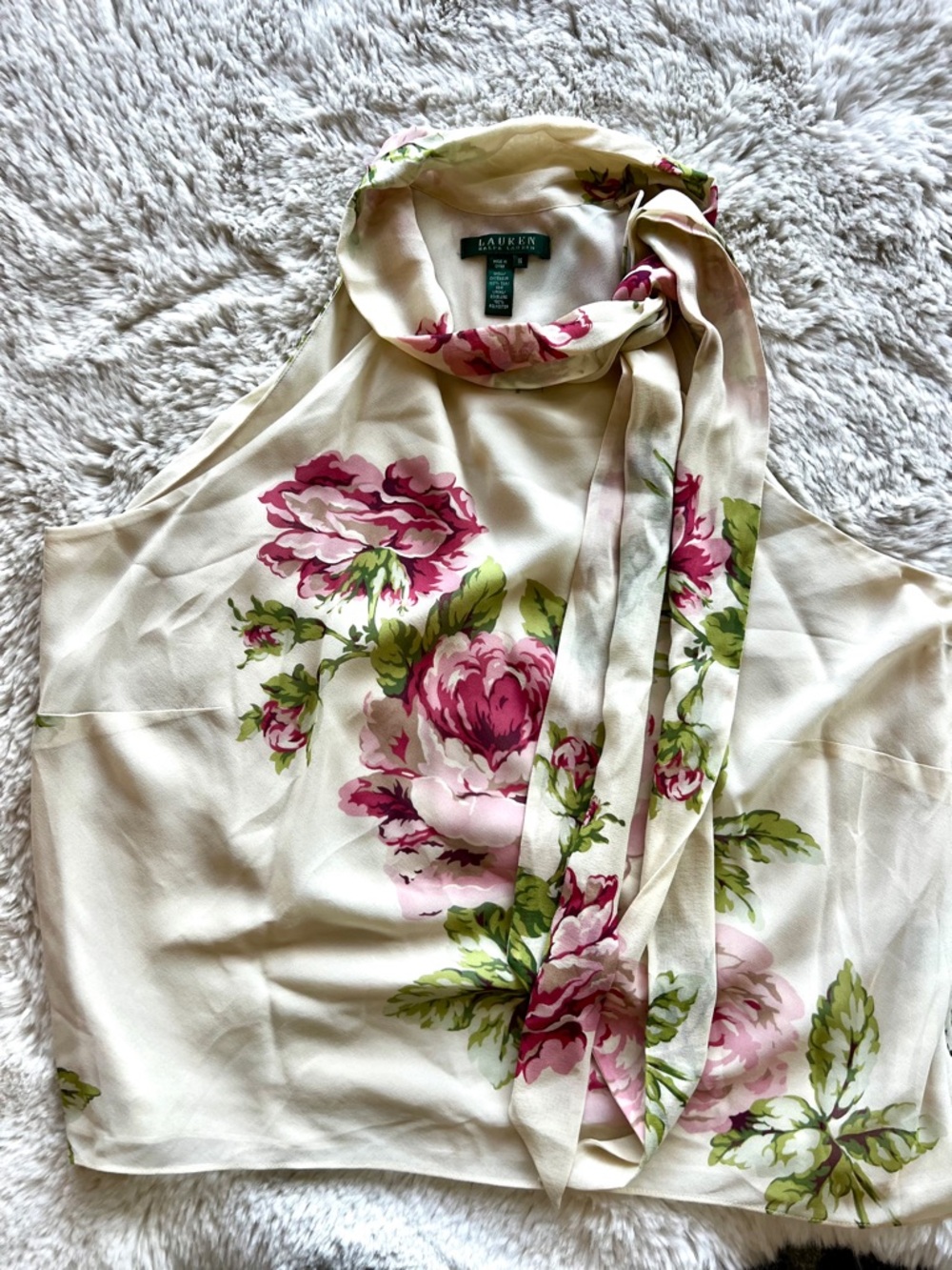Lauren Ralph Lauren Cream Floral Halter Scarf-Neck Camisole 100% silk NWT
